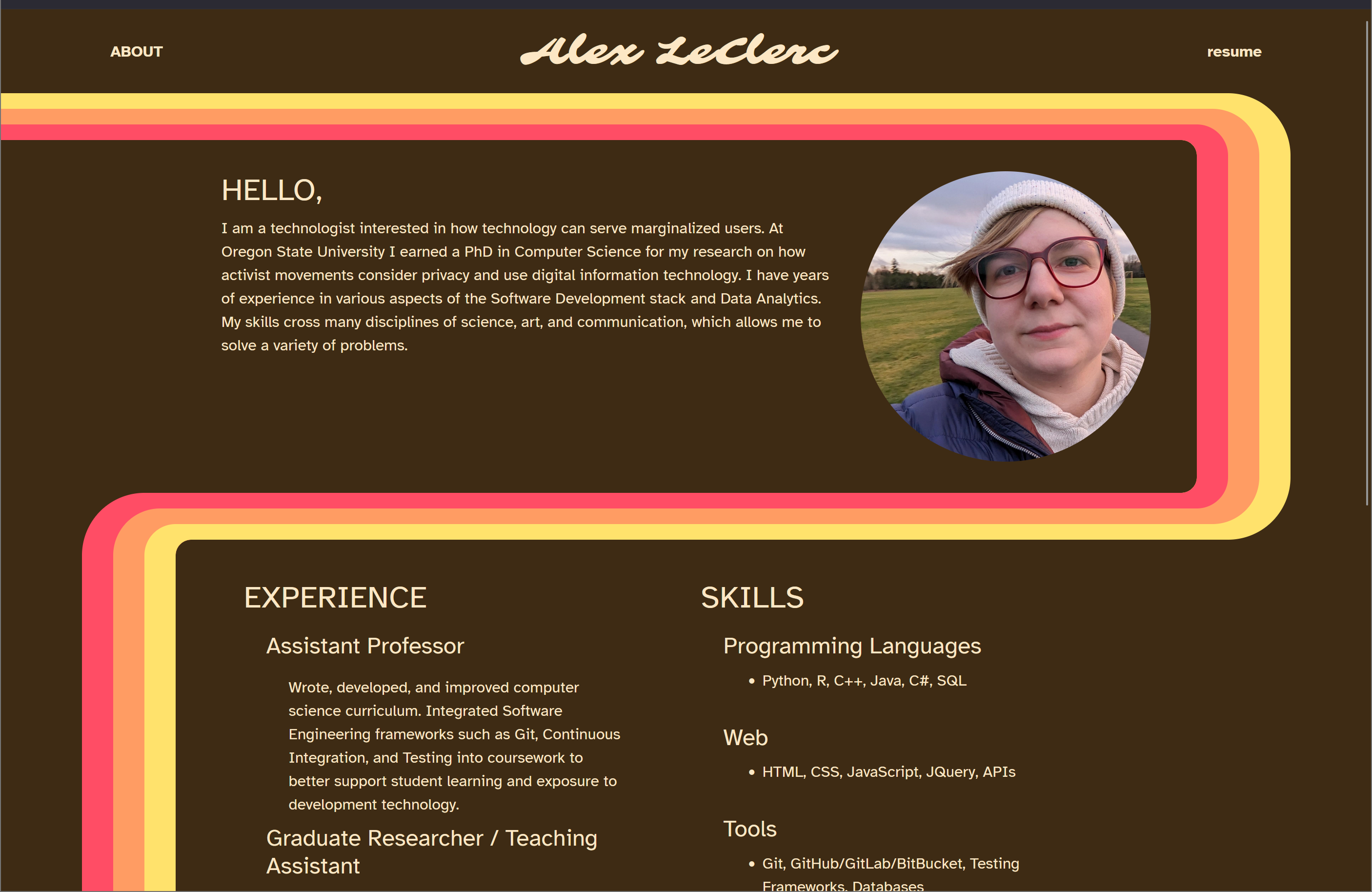 Screenshot of the final version of Alex LeClerc's personal website, showing a dark brown background and a bright pink, orange, and yellow stripe snaking back and forth across the page to divide sections